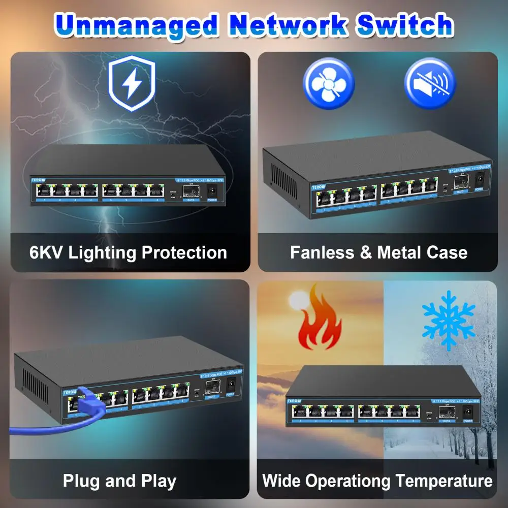 TEROW 2.5 Gigabit Switch 8 Port 2.5G POE Switch +1 Port 10G SFP Ethernet Network Switch Unmanaged LAN Hub for Wireless AP VDI