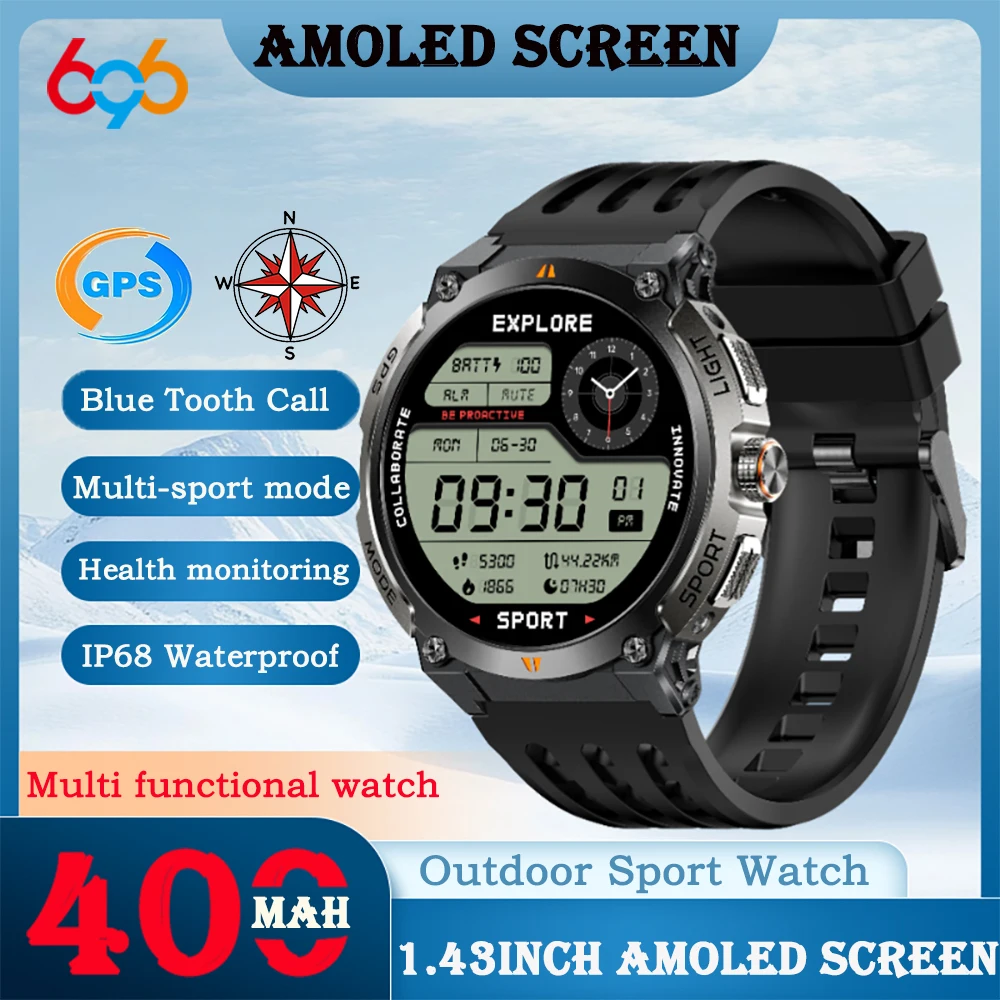 

Bracelet AMOLED Screen Outdoor Sports GPS Compass Smart Watch Blue Tooth Call Heart Rate Sleep Waterproof Music Smartwatch