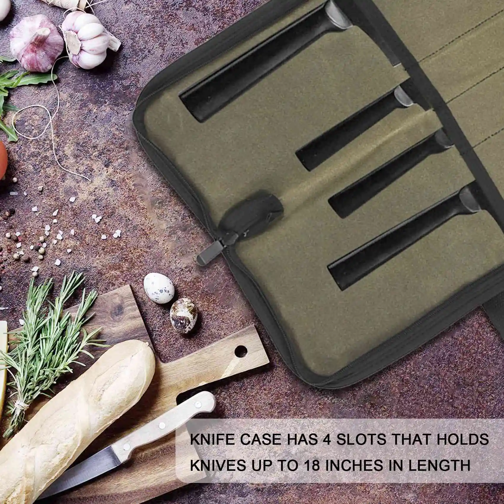 F-3C Knife Bag(4 Slots), Chef Knife Case Waxed Canvas Roll Storage Knife Carrying Pouch for Men&Women Green