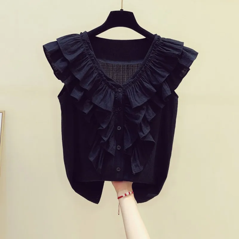 

Monochrome Ruffles Blouse for Women, V-Neck, Elegant Pulls, Coat Tops, Outwear, Summer, New, 2022