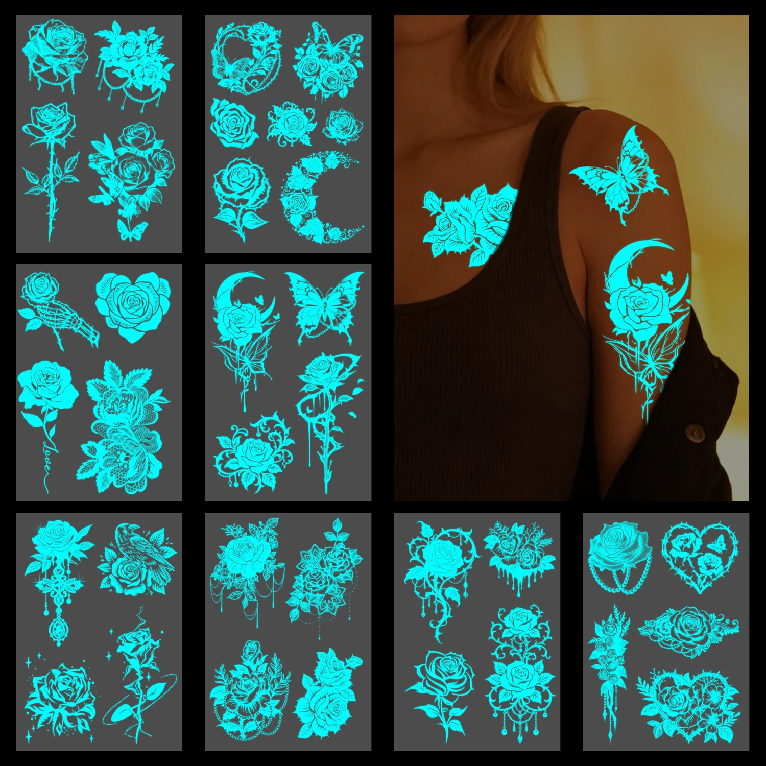 

8 Sheets Glow Rose Temporary Tattoos -Gothic Rose Stickers, Luminous Waterproof Body Art for Jewelry Lace, Perfect for Party Hal