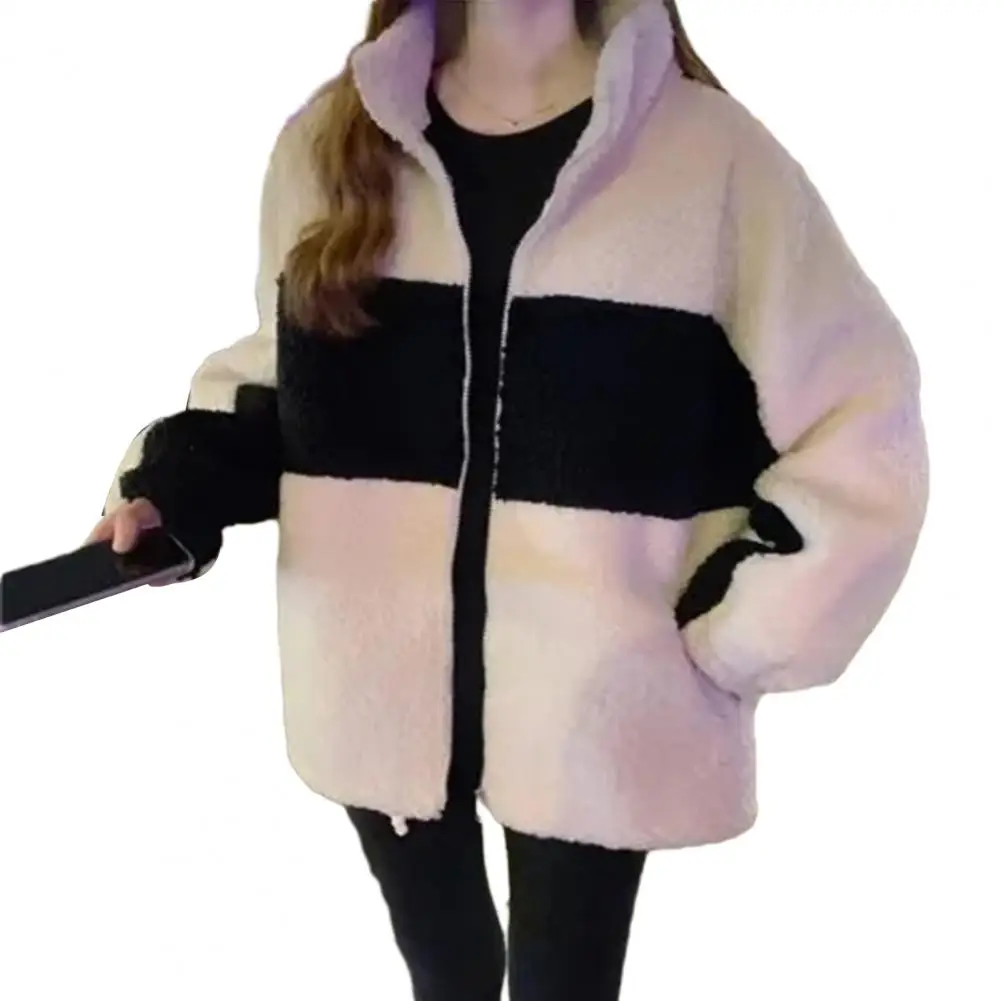 

Korean Style Winter Coat Colorblock Stand Collar Coat With Thickened Fleece Windproof Zipper Women Jacket