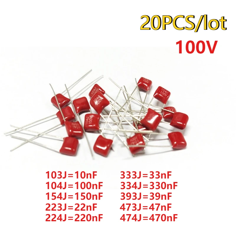 20PCS 100V CBB Polypropylene Film Capacitor 103 104 154 223 224 333 334 393 473 474 10nf-470nf 22nF 33nF 39nF 47nF 100nF 220nF