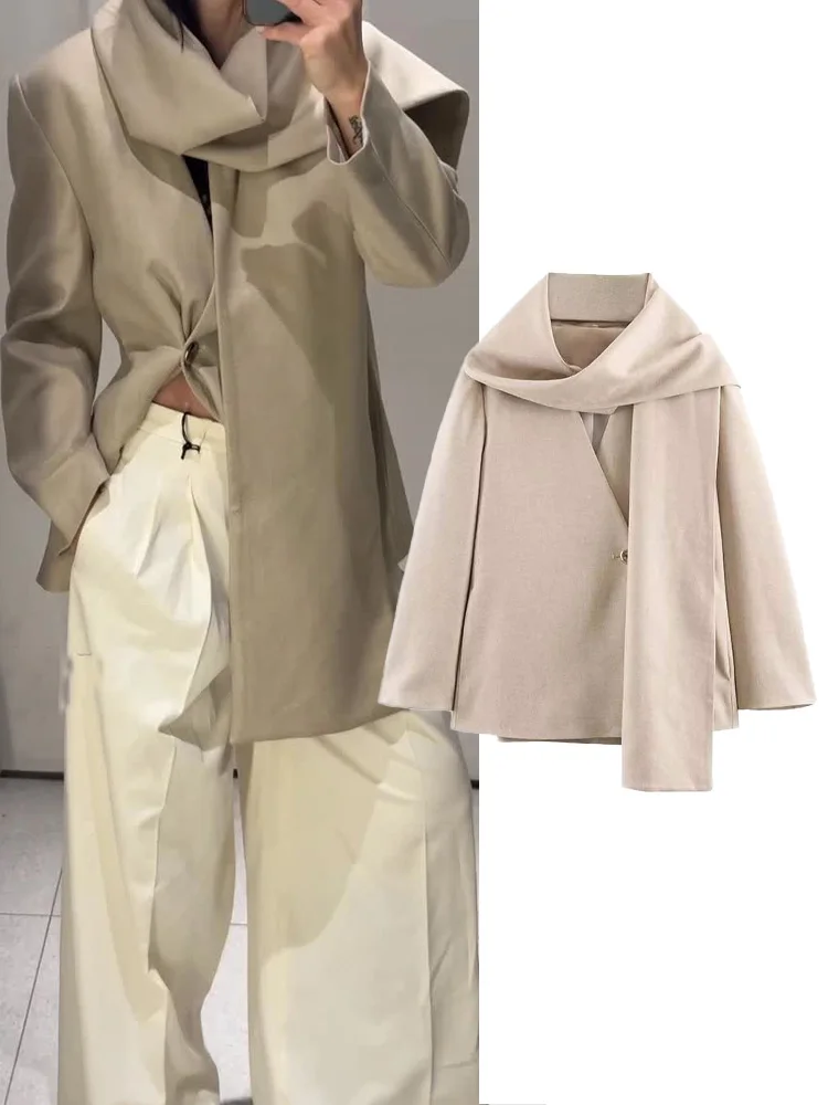 HH 2026 New Woman Spring Fashion Trend Long Sleeves Scarf Collar Solid Color Buttons Blazer Female Casual Loose Elegant Coat