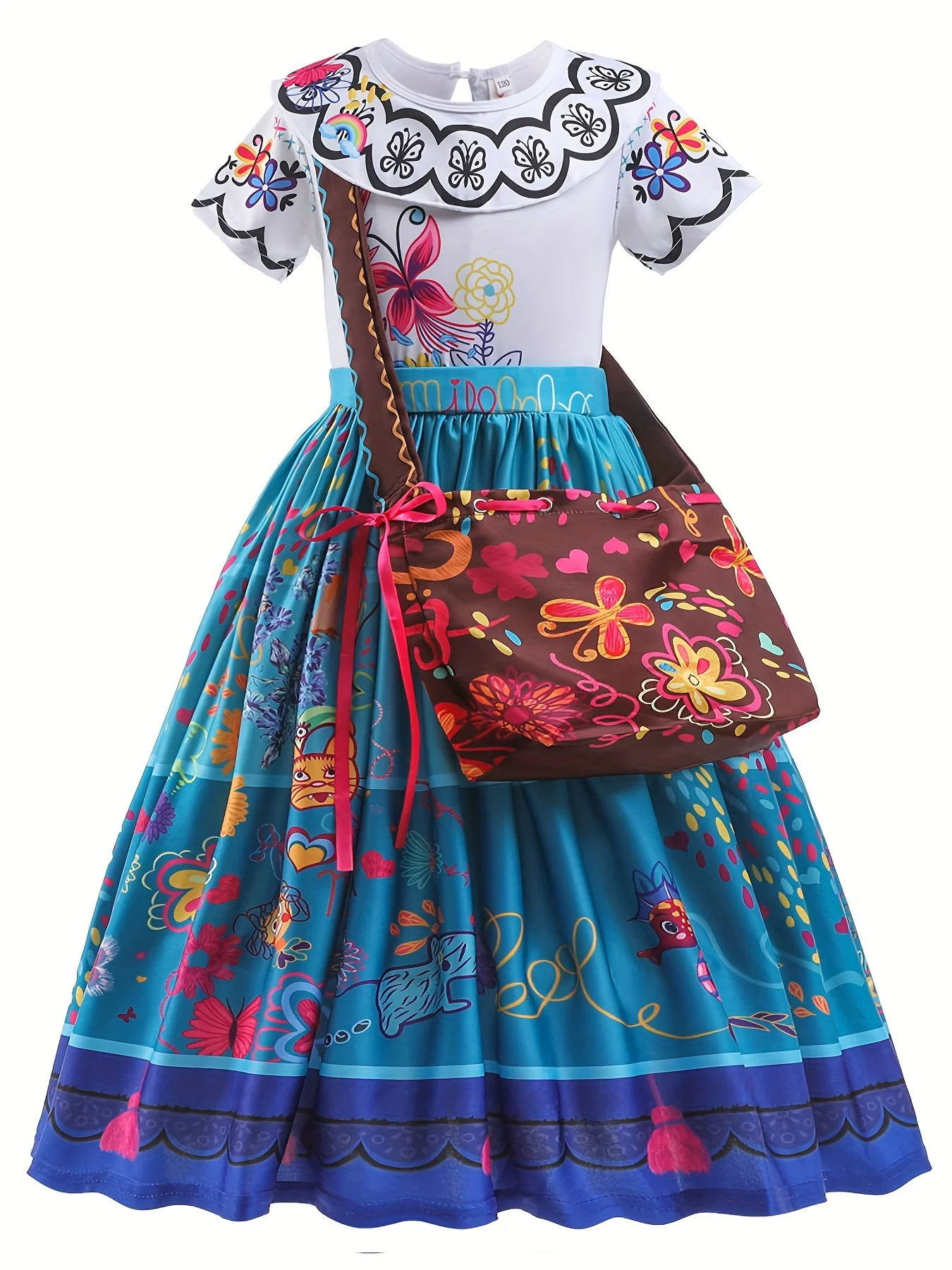 Encanto Mirabel Bedrucktes Kurzarm-Prinzessin-Party- und Performance-Kleid für Mädchen mit kostenloser Geldbörse