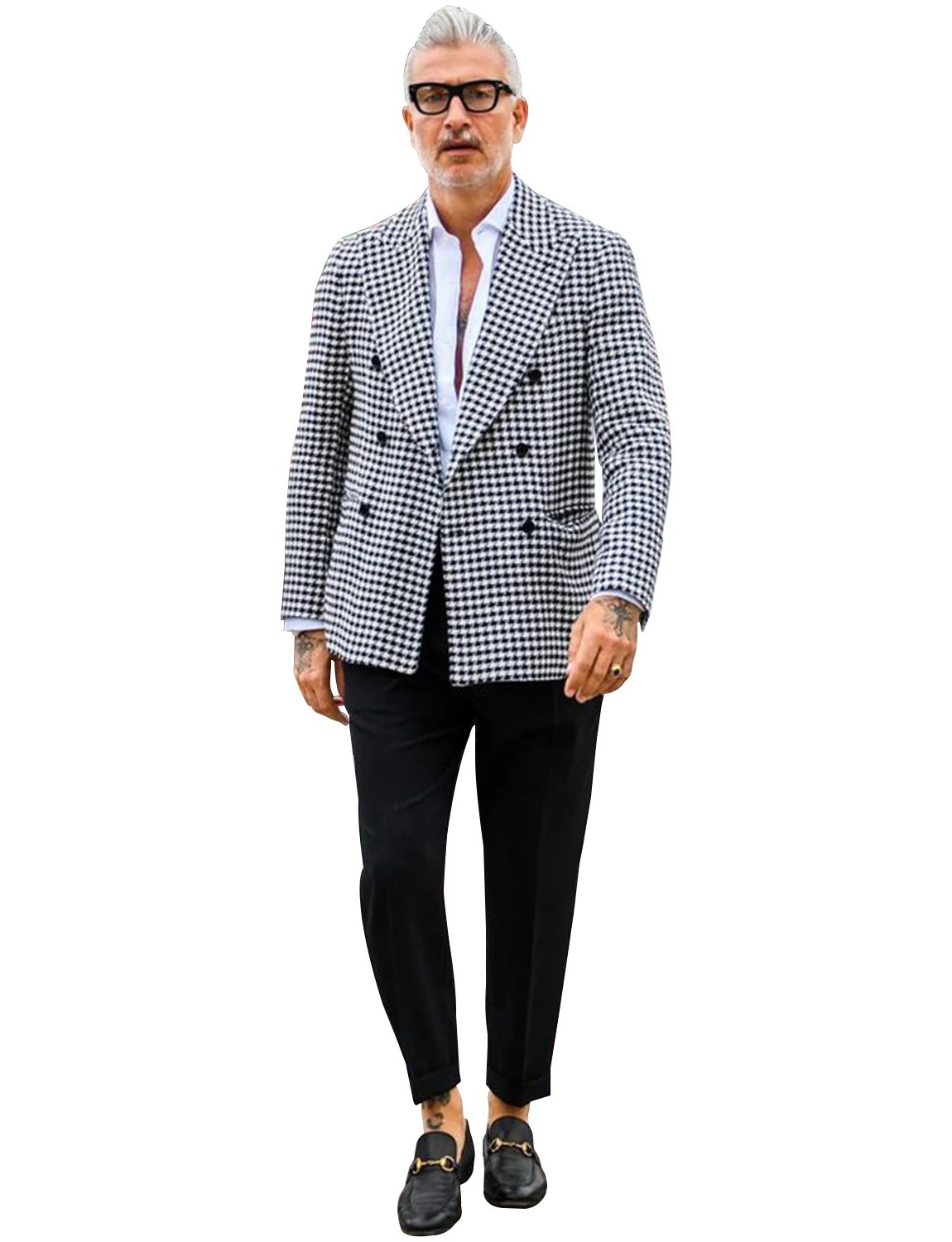 Men's Houndstooth Suit Peak Lapel Double Breasted Suit Slim Fit Tux Jacket Trousers