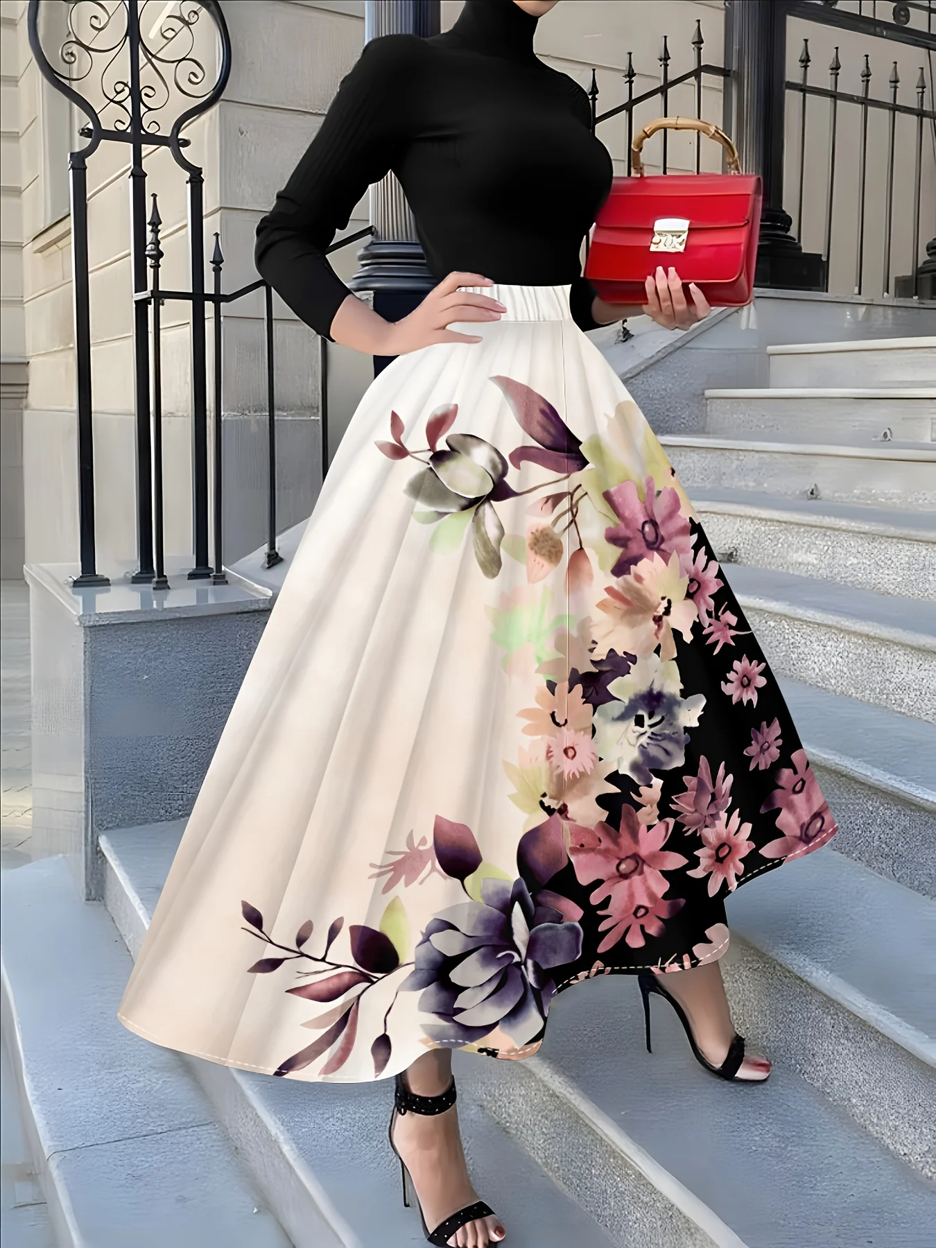 Eleganter Aquarell-Blumendruck Midi-Rock für Damen Trendiger Farbverlauf Lavendel Rosa Beige A-Linie Plissierter Hochtaillierter Sommerrock