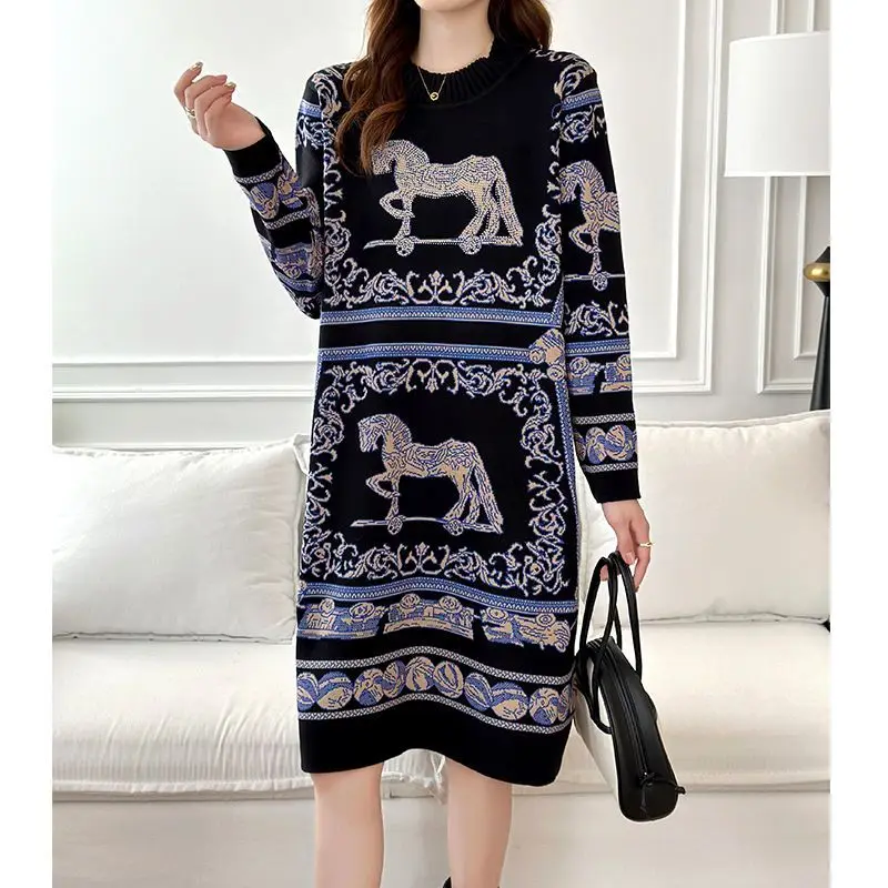 Vestidos de punto de tejido Jacquard para mujer, manga larga, vestido inferior femenino hasta la rodilla, negro, alta calidad, nueva moda, 2024