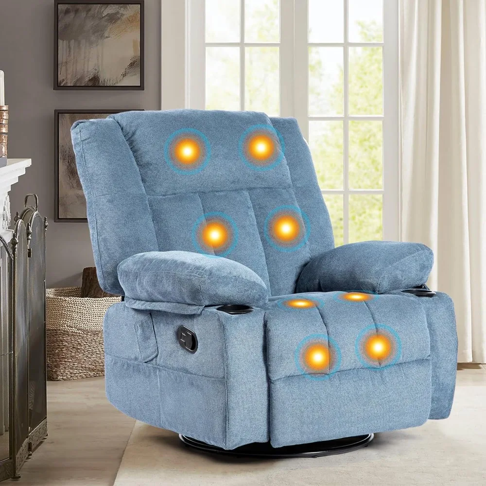 

Recliner Chair Massage Fabric Recliners with Heated, 360 Degree Swivel Single Sofa with Cup Holders and Side Pockets