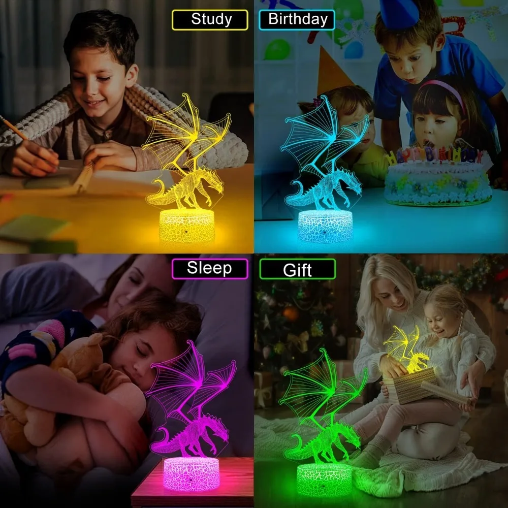 Nighdn-Veilleuse Dragon 3D pour Enfants, Lampe Icide, 7 Couleurs, Lampe de Table, Décor de Chambre, Noël, Cadeau d'Anniversaire pour Garçons et Bol