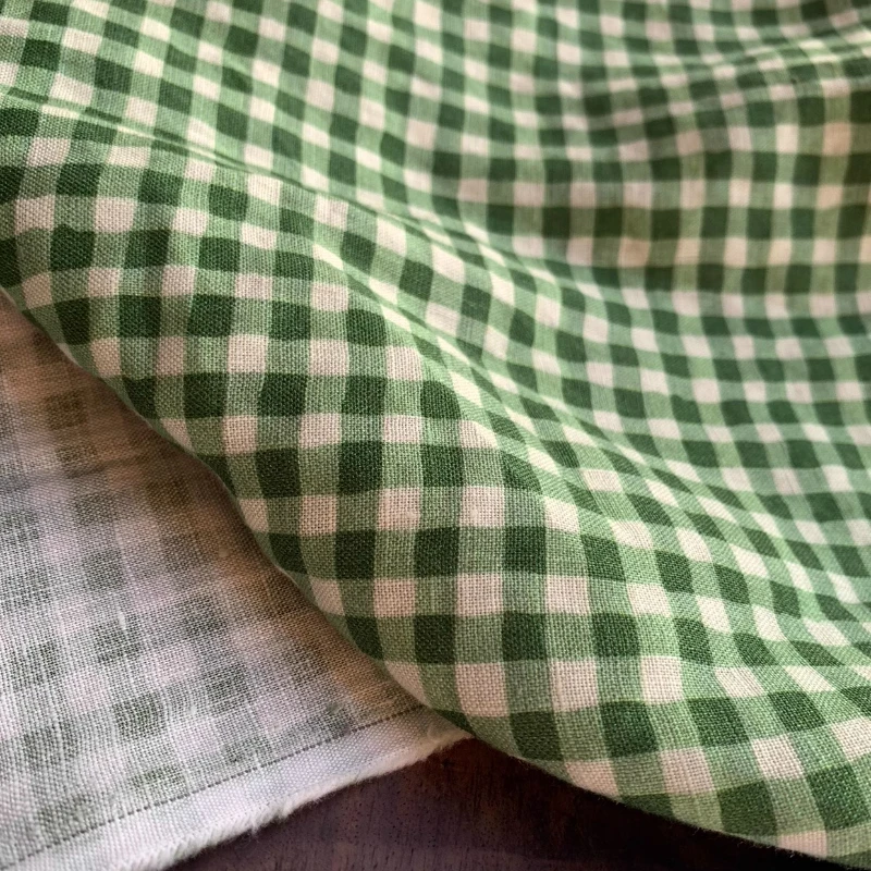 

Forest Green Checkered Pure Linen Fabric High End Custom Digital Print Shirt Dress Material Premium Clothing Textile Fabric