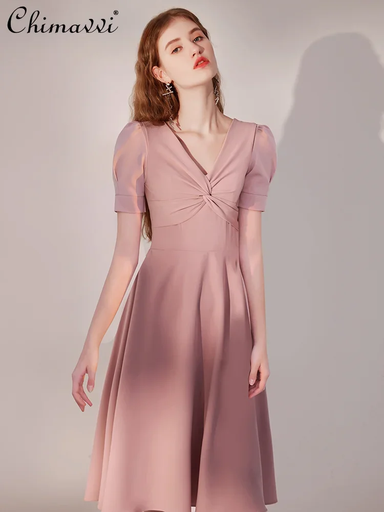 

French Style Elegant Temperament Commuter Twist Pleated V-neck Lantern Sleeve High Waist Slim Fit a-Line Pink Dress Women Summer