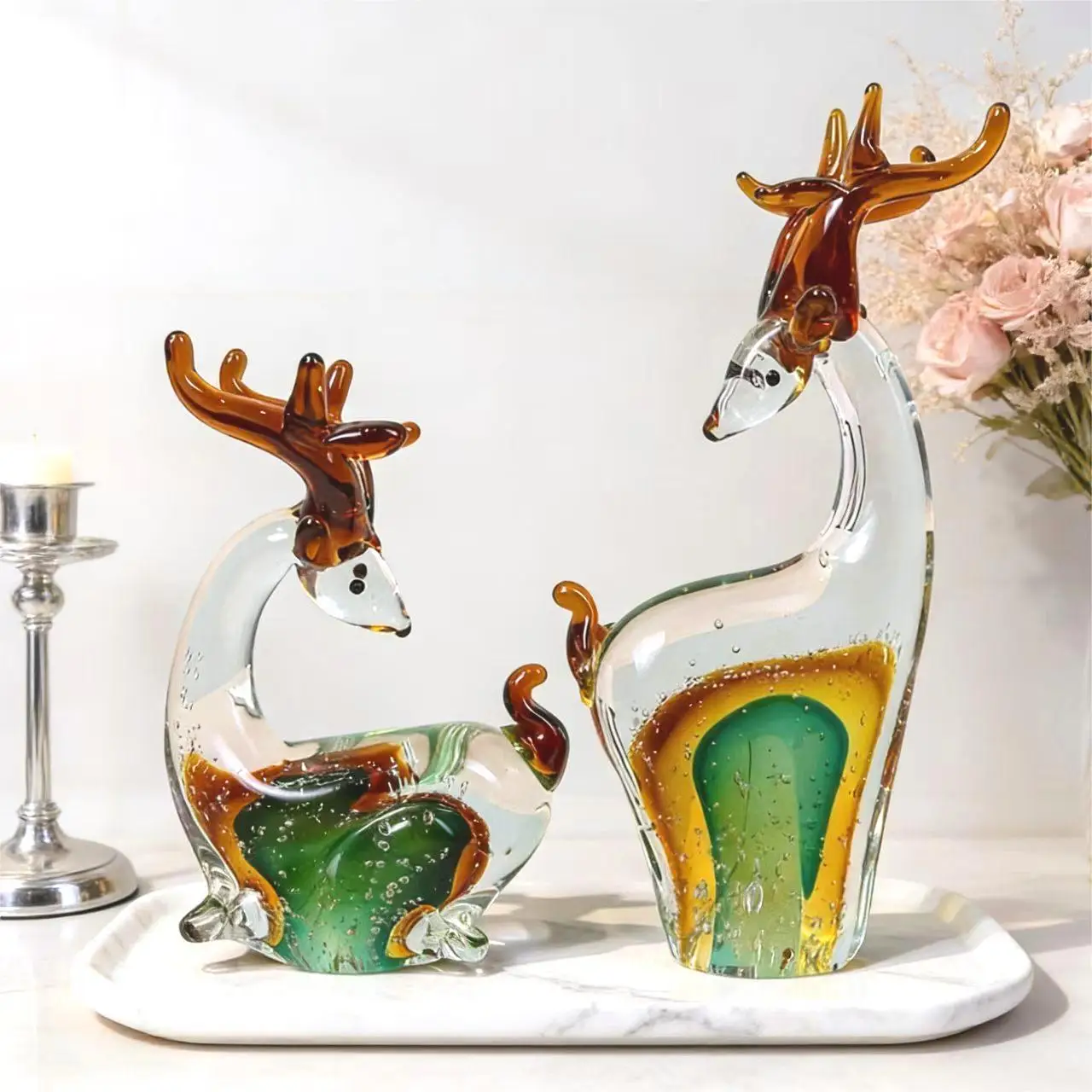 Boutique glazed pair of deer Gao Guan Houlu living room entrance housewarming opening gift glazed deer ornament