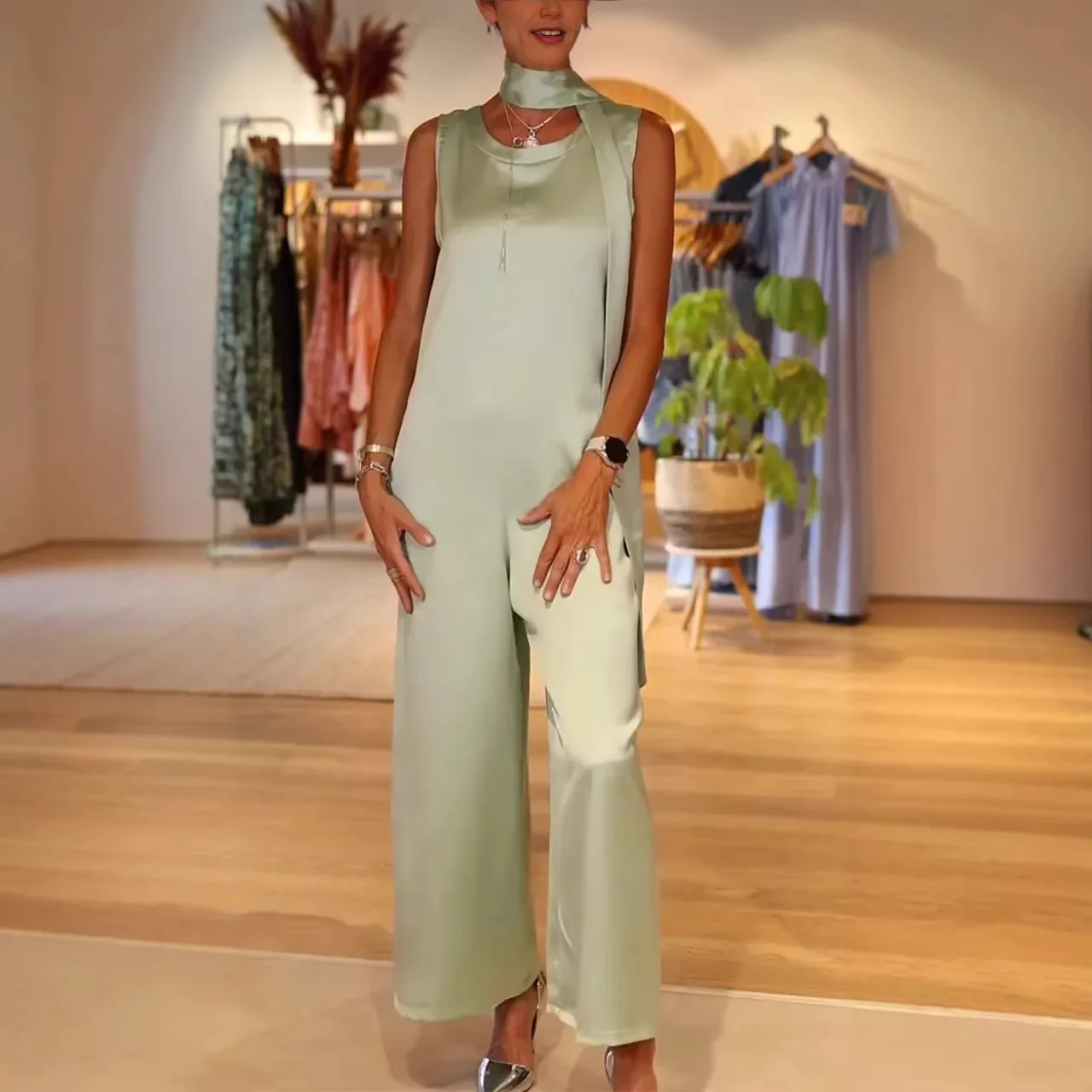 Women's Sexy Backless Fashion Satin Jumpsuit Summer New Solid Elegant Back Hollow Out Sleeveless Jumpsuits Casual Streetwear