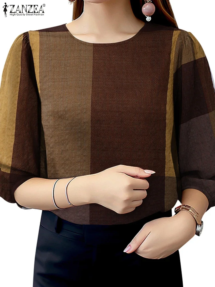 ZANZEA femme Vintage grandes chemisiers à carreaux élégant col rond 3/4 manches bouffantes coton mélange Blusas Mujer été jour porter trajet hauts