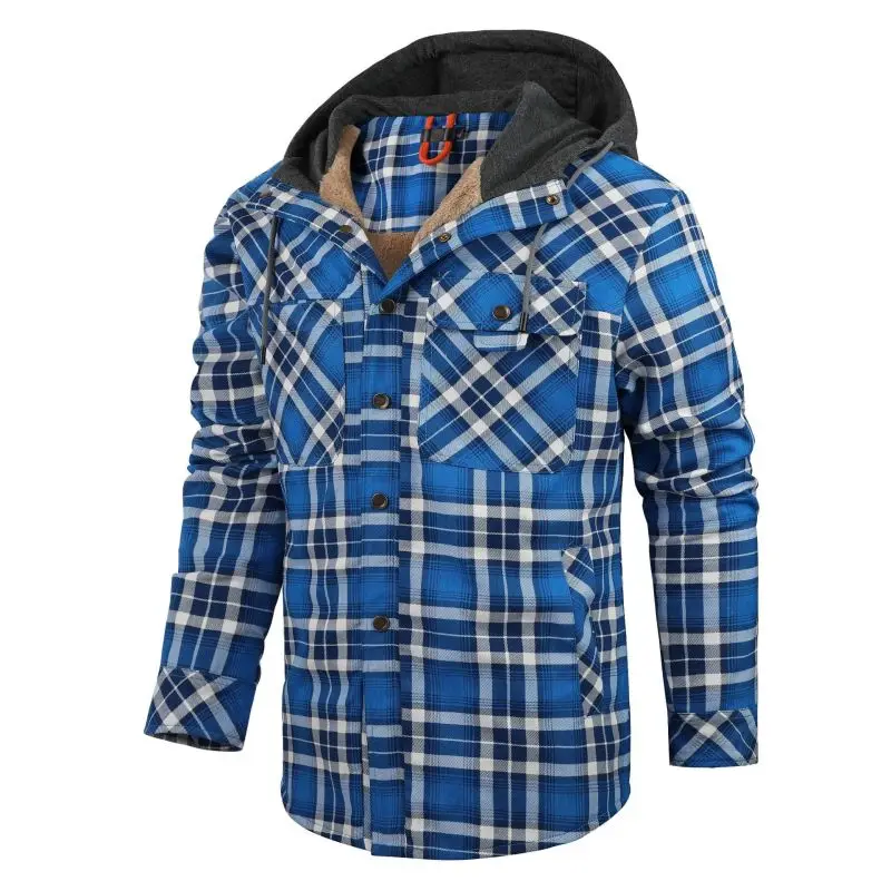 

2023 Winter Men's Checkered Hooded Stand Up Collar Thickened Cotton Jacket