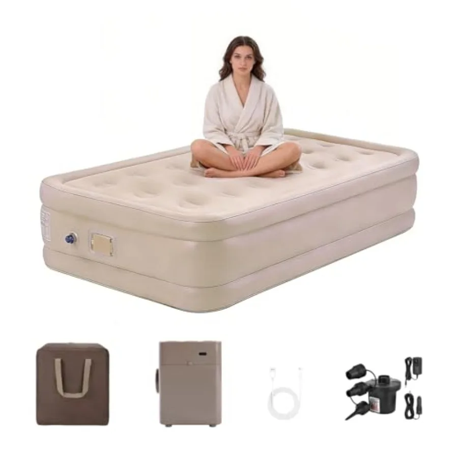 

Twin Air Mattress with 2600mAh Battery Powered Pump, 16'' Raised Inflatable Mattress, Portable Blow up Mattress, Air Bed for Ca