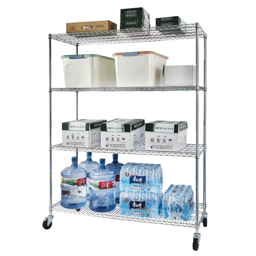 4-Tier NSF Heavy Duty Adjustable Storage Metal Rack with Wheels & Shelf Liners Ideal for Garage, Kitchen, and More - Chrome