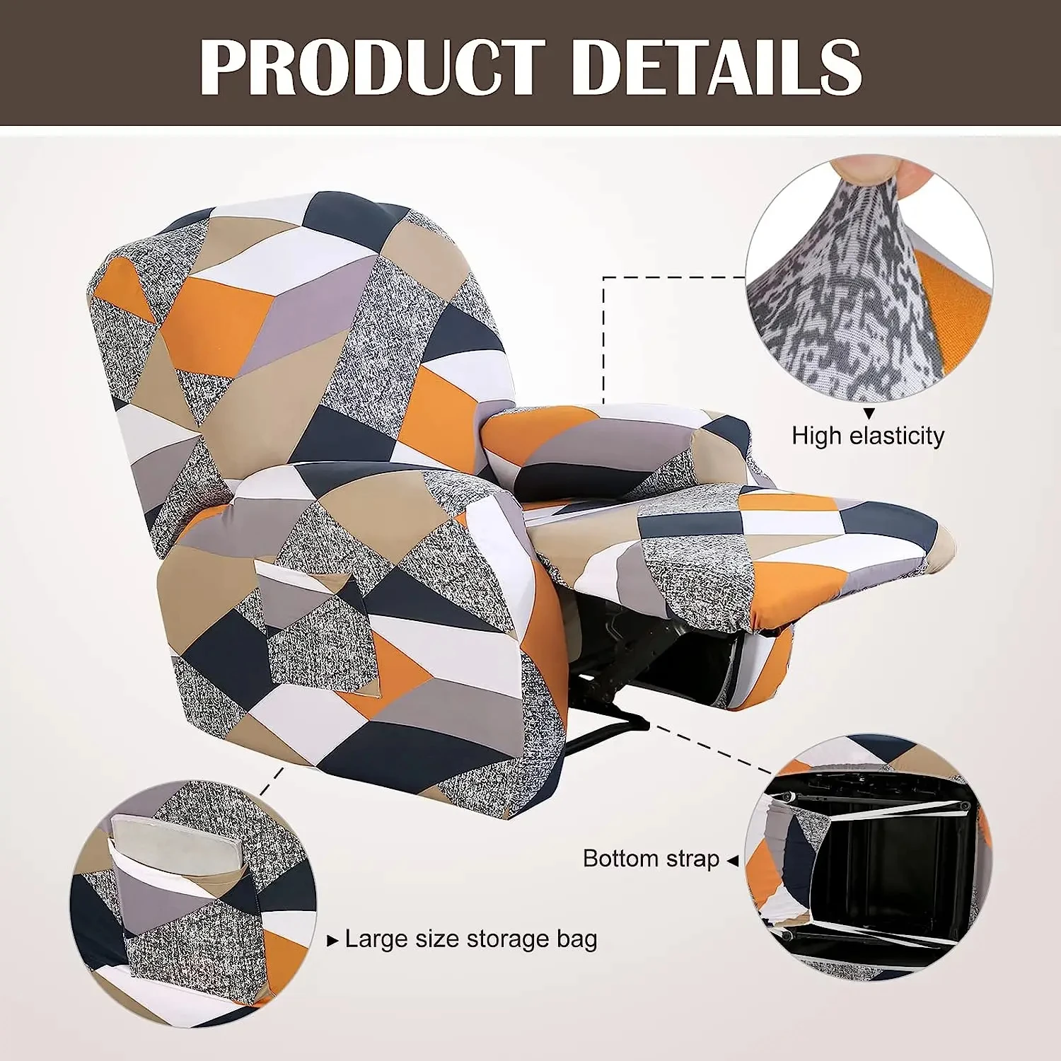 Stretch Printed Recliner Slipcovers with Side Pocket - 4pcs/set Protective Couch Cover for Reclining Sofa Living room decoration