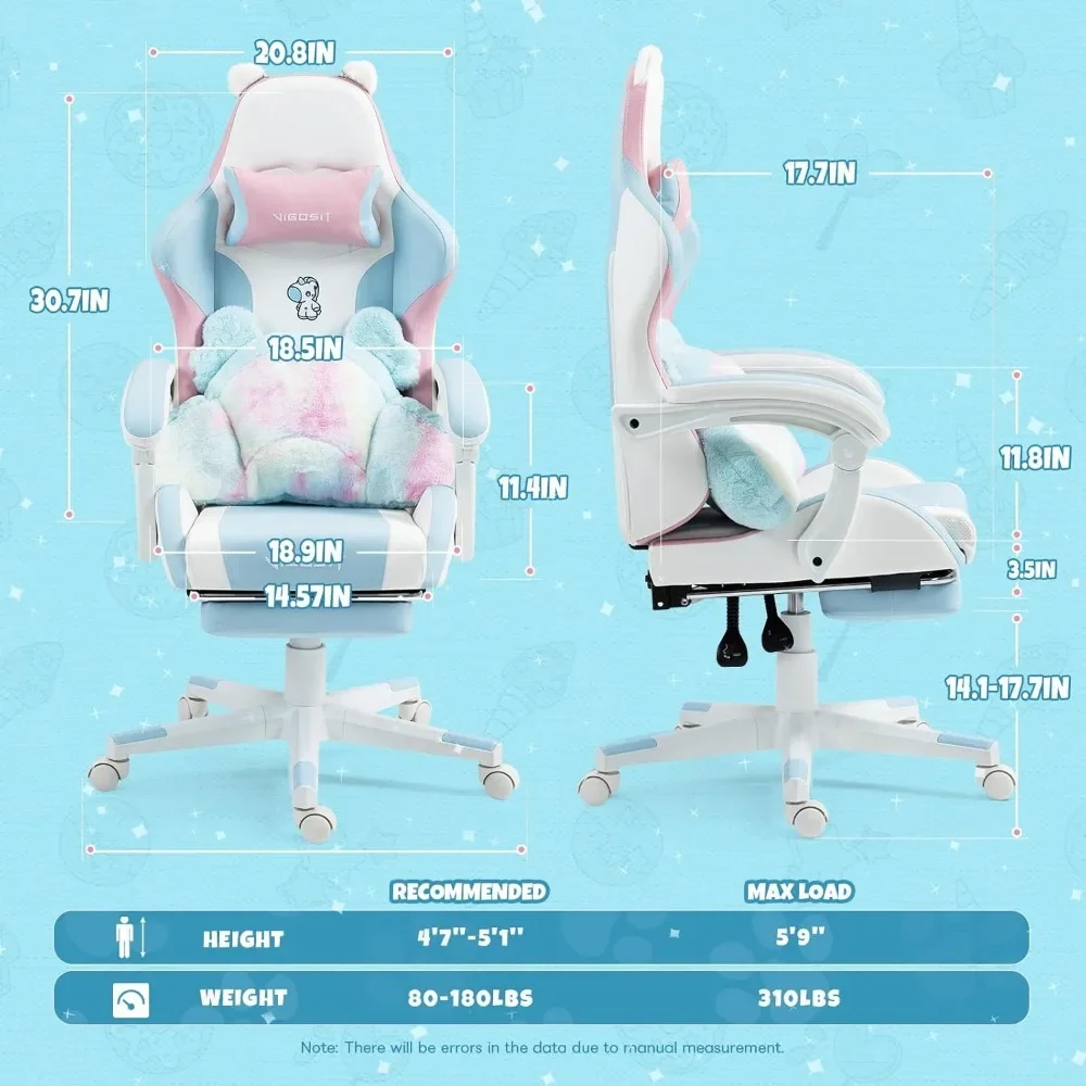 Cute Gaming Chair with Lumbar Cushion and Decorated Ears, Ergonomic Computer Chair with Footrest, Reclining PC Game Chair