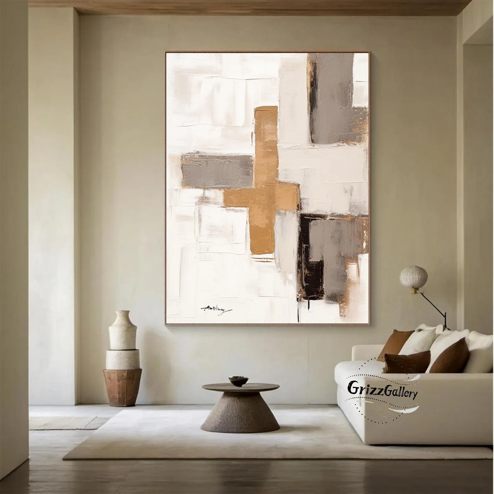 Mhemyo Large Neutral Abstract Expressionism Canvas Hand Painted Oil Painting Beige Gray Wabi-Sabi Modern Wall Art For Home Decor