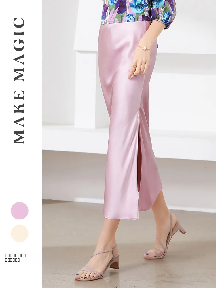 

Новая весенняя женская юбка-миди из тяжелого шелка 30 момме с высокой талией и разрезом, простая, элегантная, для повседневной носки