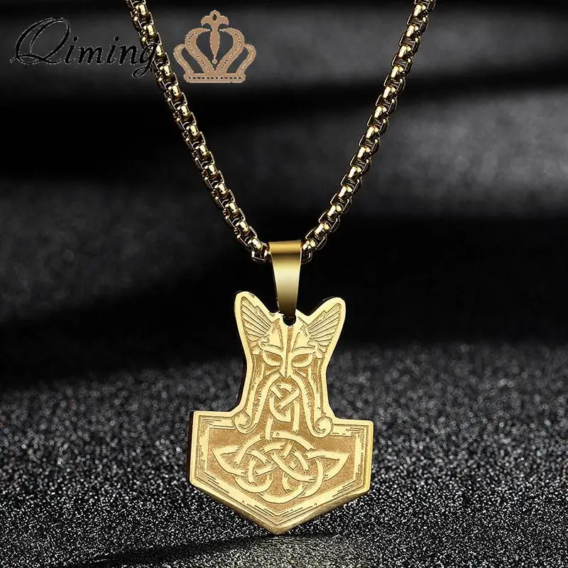 QIMING Viking Thor's Hammer Pendant Men Necklace Slavic Jewelry Hindu Ganesha Axe Punk Stainless Steel Necklace Women Gift