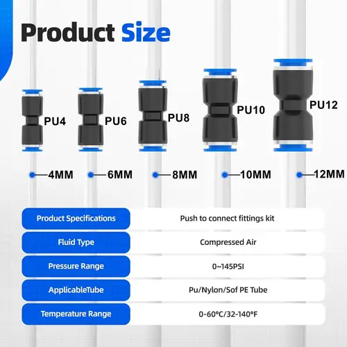 Imagen 2 del producto Juego de acoplamientos de manguera neumática de empuje recto, extensor de PU de 4/6/8/10/12MM, conector de tráquea de plástico, 60-100 Uds.