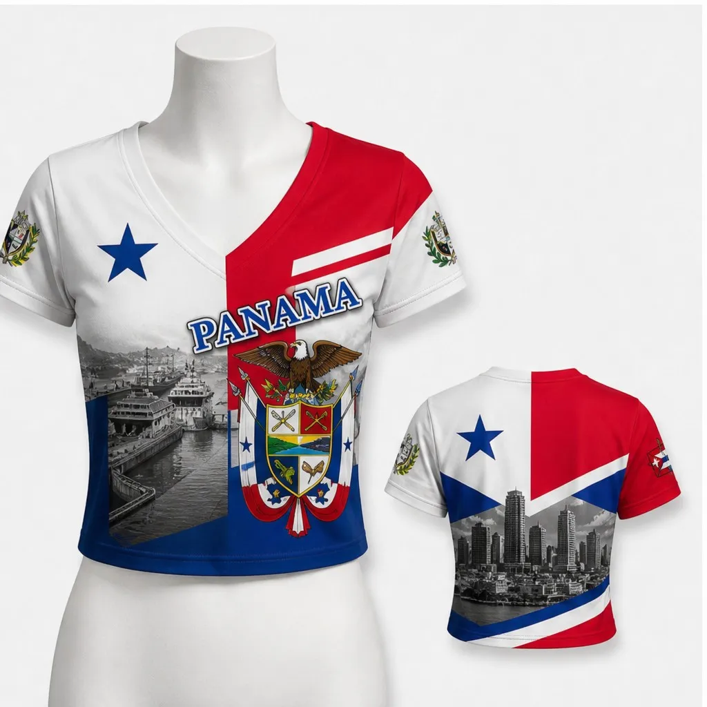 Womens Panama V Neck Short Sleeve Crop Top City Skyline Crest Graphic Casual Summer Shirt for Urban Street Travel and Daily Wear - view 2