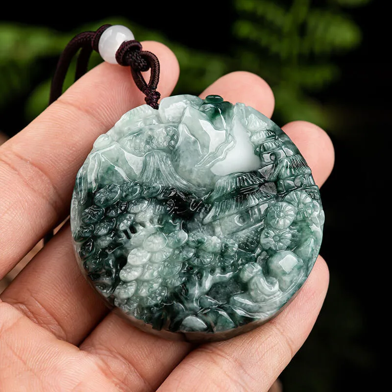 Natural A-Grade Jade Dark Green Floating Flower Landscape Brand Pendant