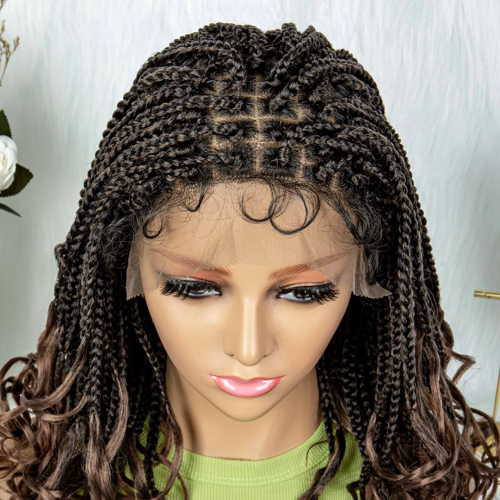 صندوق شعر مستعار مضفر 20 بوصة 9x6 الدانتيل إغلاق أمامي شعر مستعار مضفر أومبير اللون كورنو تجديل الباروكات مع مجعد للنساء #2