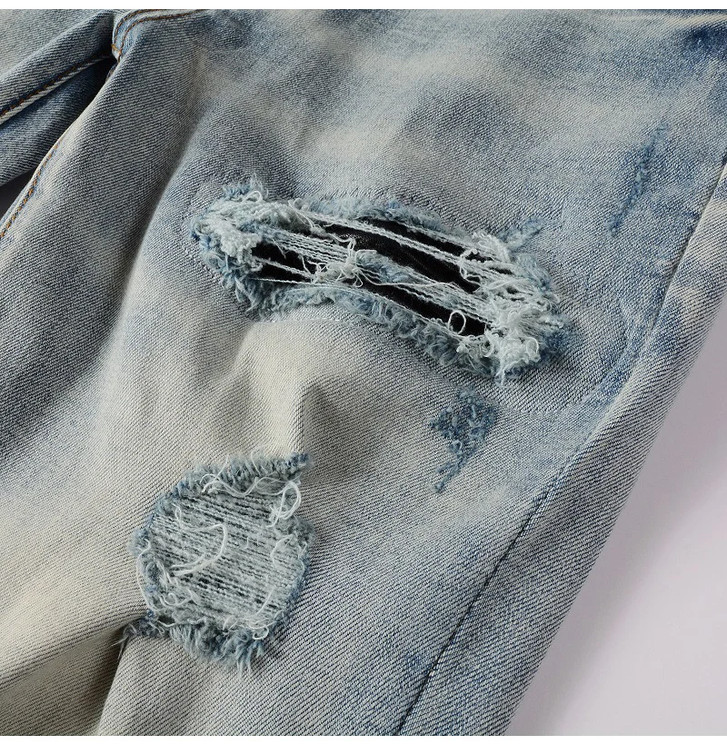 Herren-Lederjeans mit Plissee-Patches, Biker-Stil, Streetwear, Skinny, schmal geschnitten, hochelastisch, Jeanshose mit Löchern, zerrissen, Distressed-Hose – Detail 9