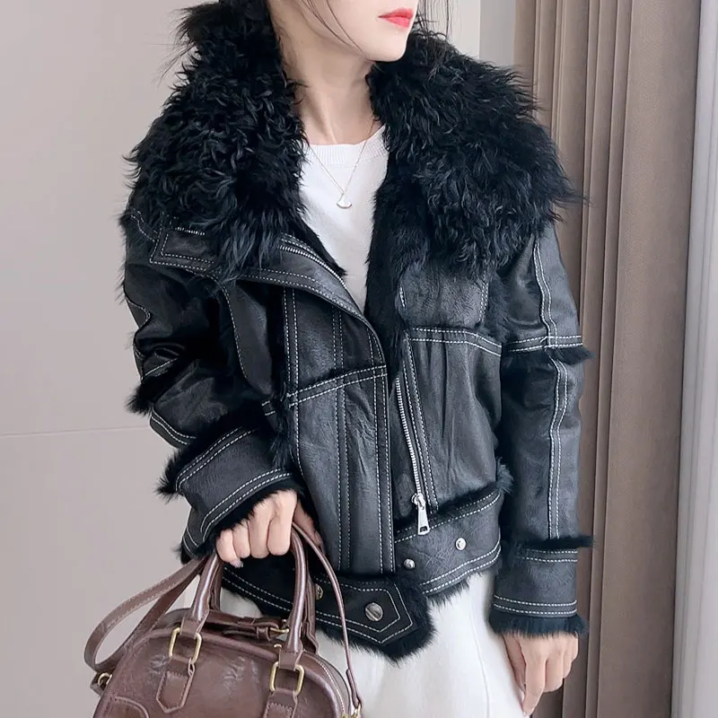 Rex Rabbit Fur Coat Women 2024 Winter New Casual All-Match Small Lamb Collar Real Fur Coat