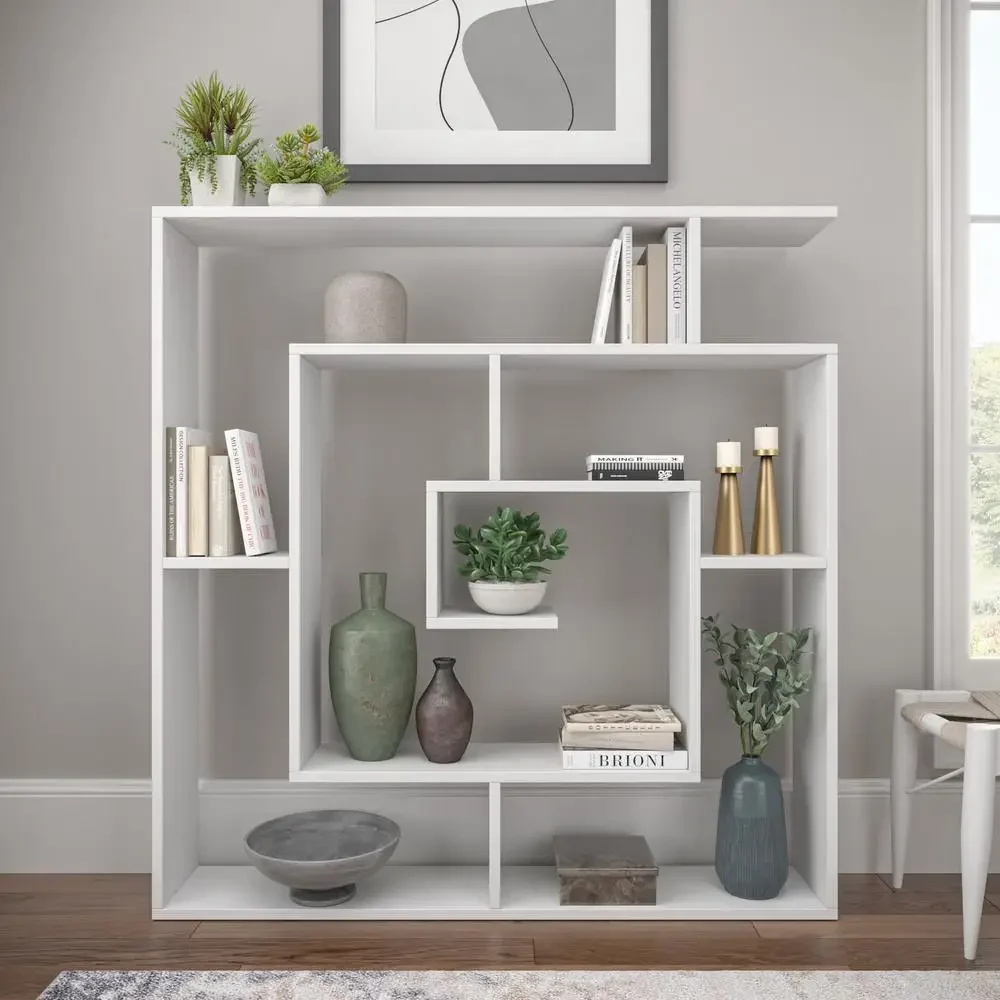 Modern White 4 Tier Geometric Bookcase Shelving Unit with Dividers Living Room Study Office Stylish Furniture with 20lb Weight