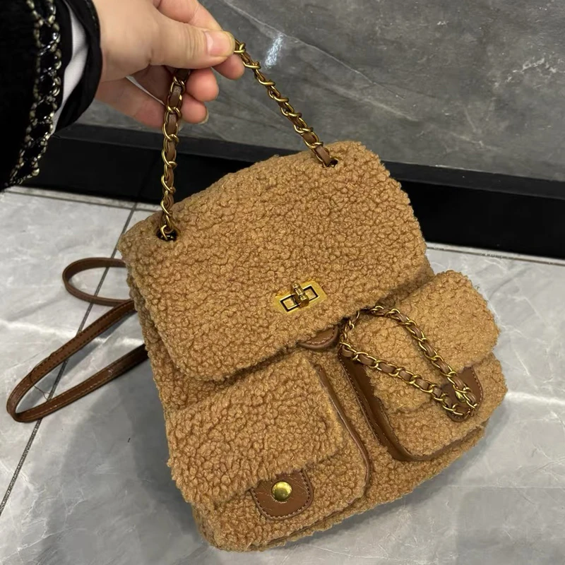 Classic Faux Fur Backpacks For Women Luxury Designer Handbags And Purses 2024 New In Imitation lambswool Chain Lock Shoulder Bag