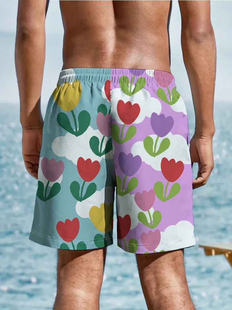 Summer Men's Cartoon Floral 3D Digital Printing Hawaiian Beach Quick Dry Shorts Large Size Loose Swimming Trunks