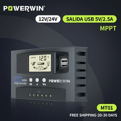 POWERWIN MT01 12/24V Solar Power Voltage Dual USB LCD Display For LiFePo4 Battery 30A/50A Solar Controller Auto Micro MPPT