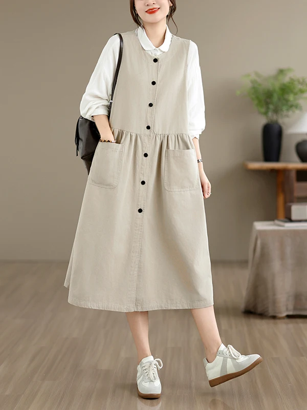 Cotton Vest Long Skirt Women's Autumn Wear Single Button All Cotton Backless Dress Slimming Effect Sleeveless Dress