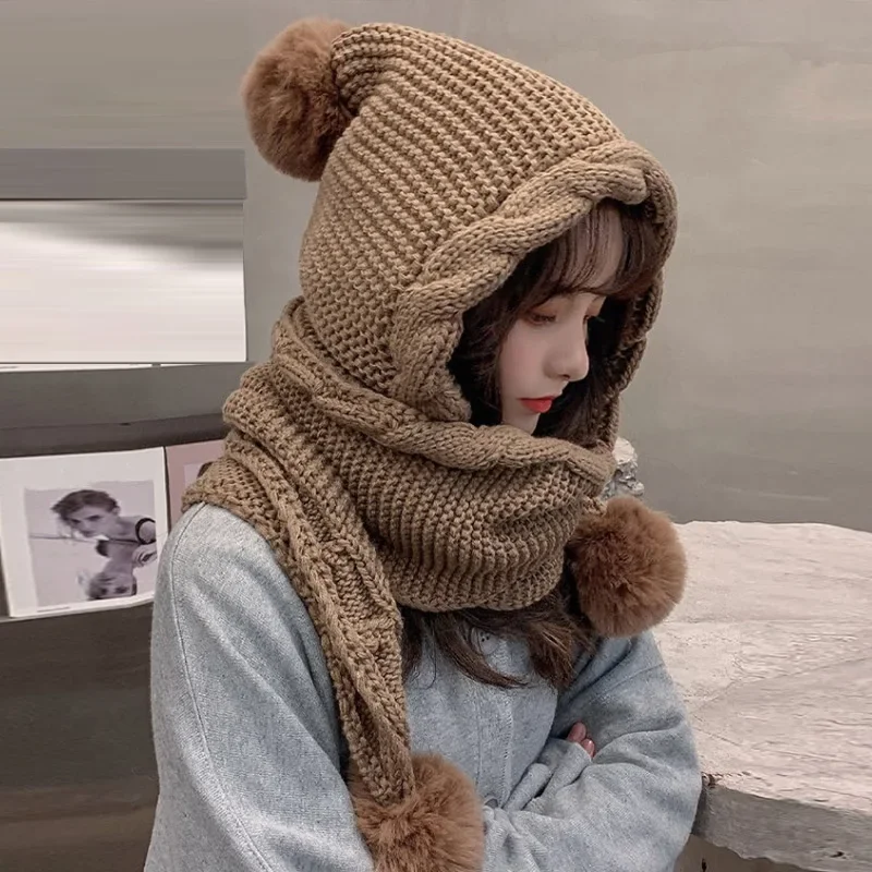 المرأة الشتاء قبعة الكورية نمط قبعة صغيرة محبوكة مع وشاح شتاء دافئ بوم بوم الأذن رفرف قبعة للنساء سميكة كابل قبعة متماسكة #6