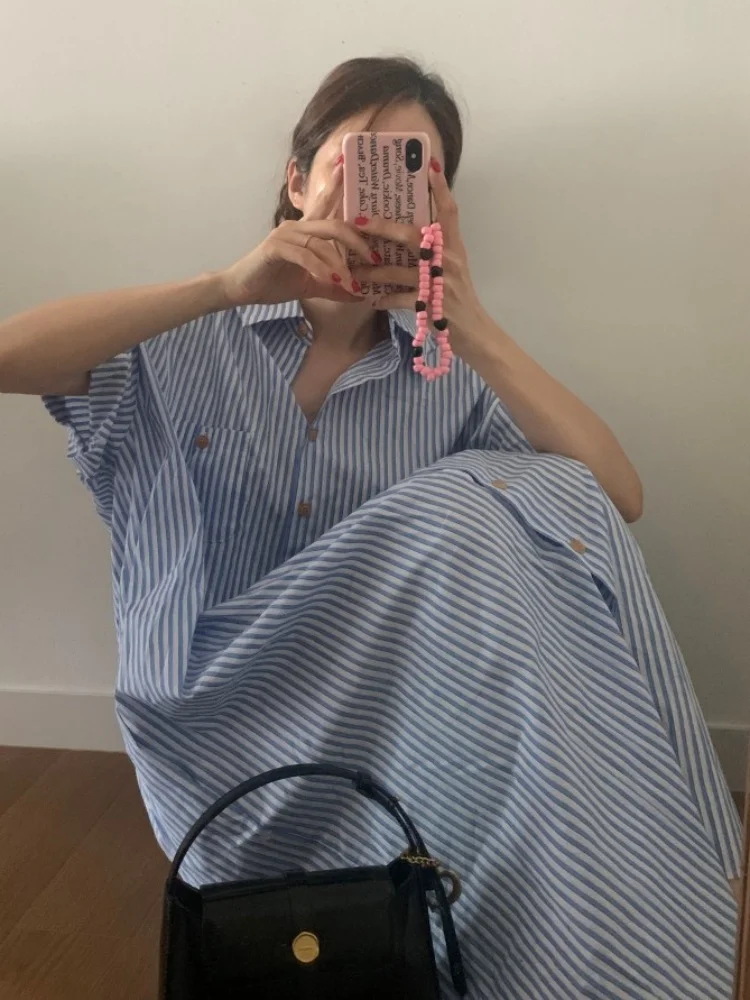 ชุดเดรสสตรีแขนสั้นทรงหลวมสีฟ้า, เดรส busana Casual แฟชั่น2024