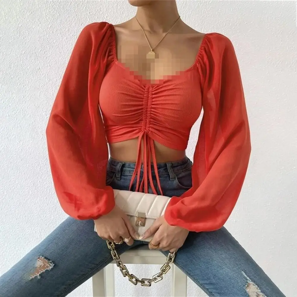 

Solid Color Women's Sexy V-neck Tops Y2K Splicing Drawstring Lantern Sleeve Top Polyester Ladies Fashion Short Clothes