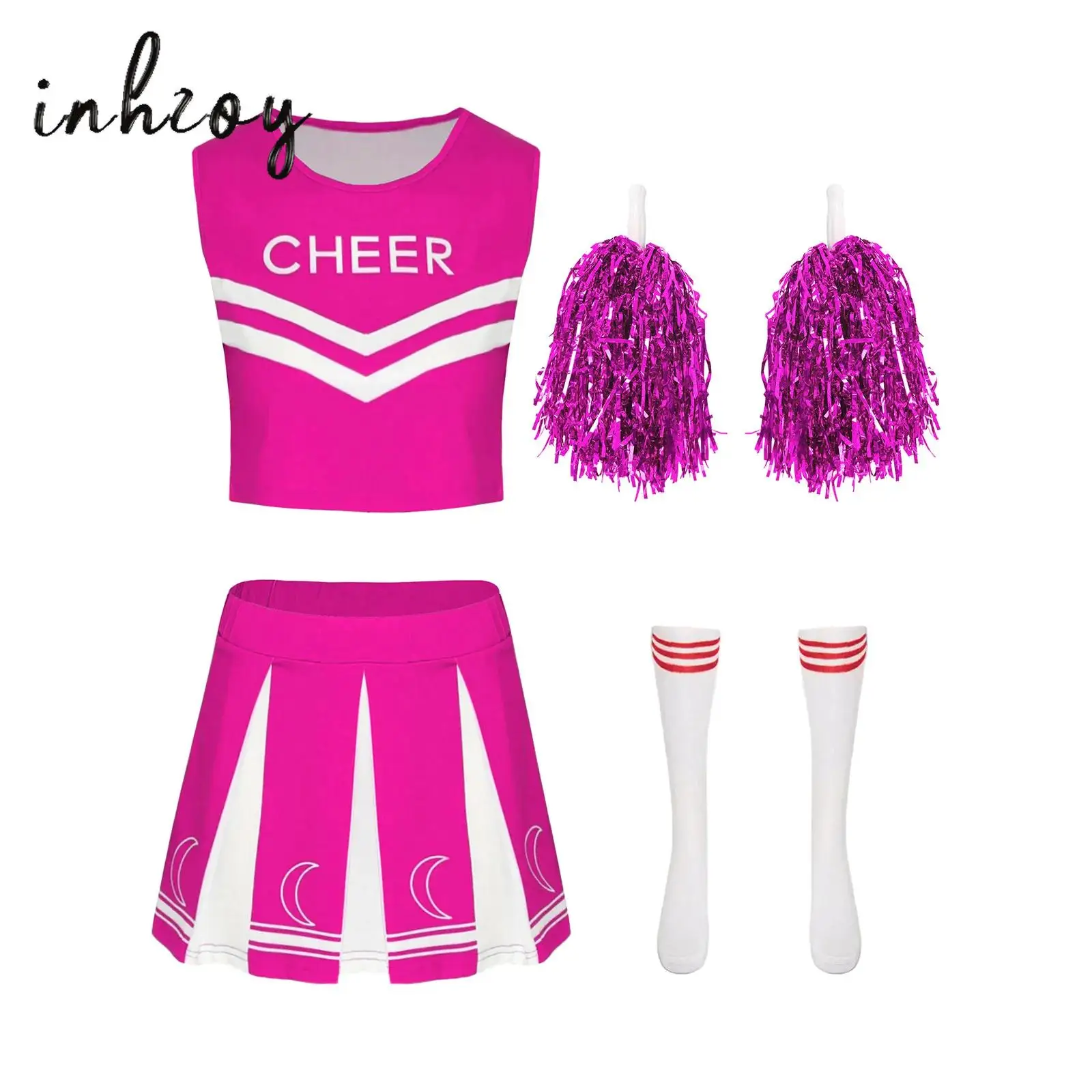 

Womens Cheerleader Costume Set Sleeveless Print Crop Top Pleated Skirt Socks And 2Pcs Hand-held Hand Flowers for College Party