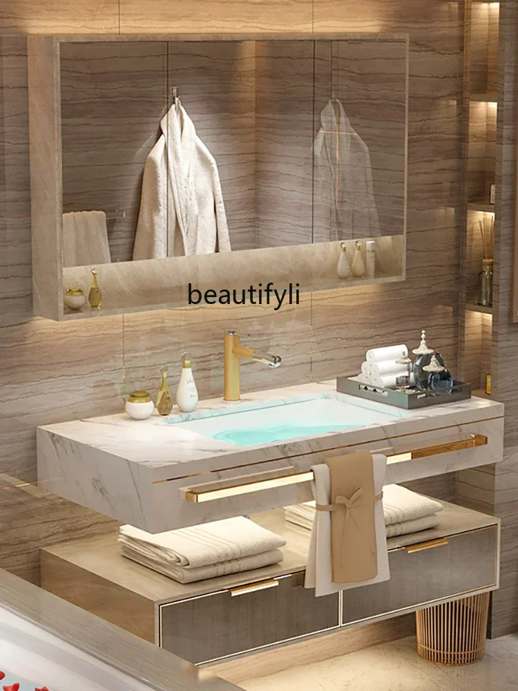 cqyLight Luxury Stone Plate Seamless Basin Bathroom Cabinet Combination Hotel Style Large Suite Bathroom Hand Washing