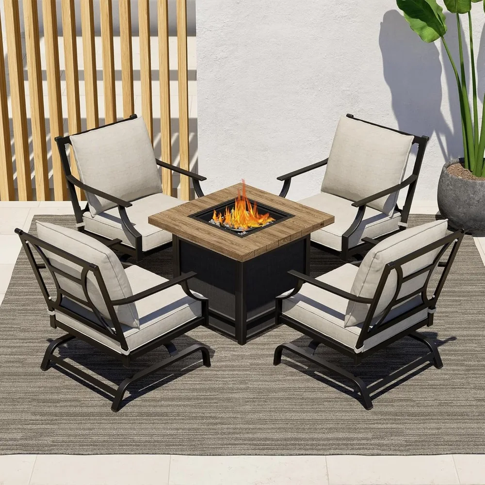 

5-Piece Patio Furniture Set with 29-Inch CSA Approved Woodgrain Propane Gas Fire Pit Table Outdoor Rocking Chairs with Gray Ole