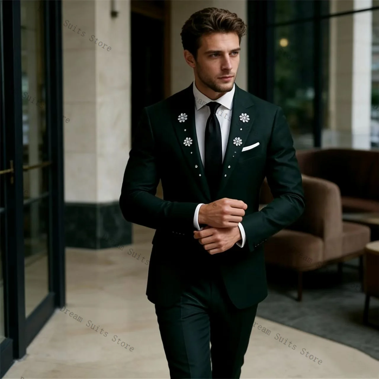 

Crystals Men Suit Set 2 Pcs Green Blazer+Pants Trousers Customized Spring Cotton Formal Office Jacket Wedding Tuxedos Prom Coat
