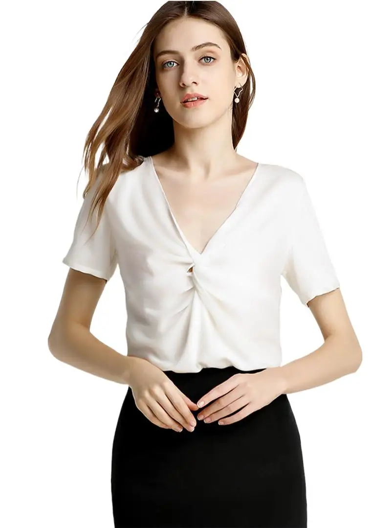 Plus size Summer Elegant Office Lady Commuter V-Neck ice silk Blouse White Vintage Short Sleeve Basic Satin Pullover Shirt 