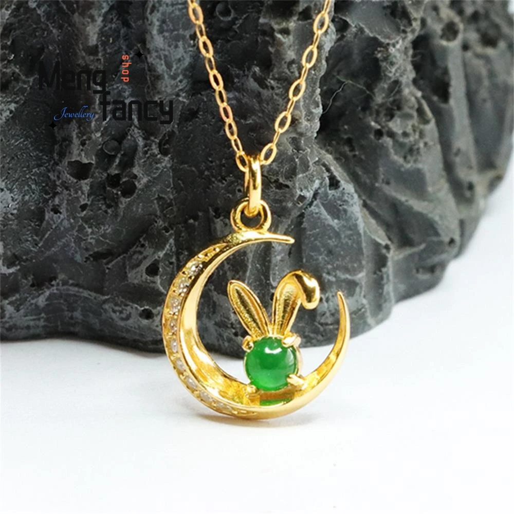 

S925 Silver Inlaid Natural Jadeite Rabbit Pendant Ice Type Imperial Green Exquisite Elegant High-grade Luxury Fashion Jewelry