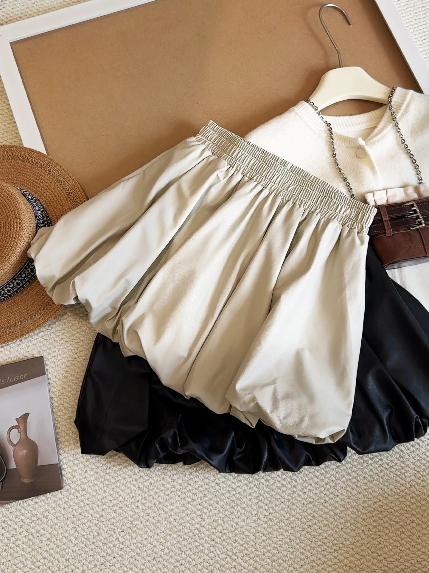 PU leather skirt flower bud short skirt women's half body skirt autumn versatile slimming high waist A-line skirt fluffy skirt