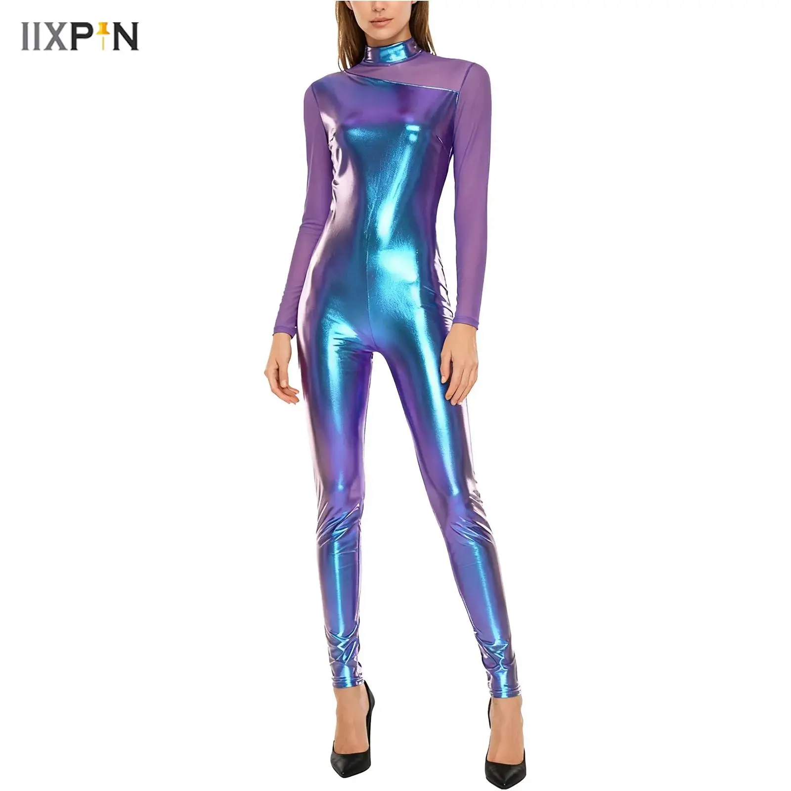 

Womens Metallic Shiny Jumpsuit Sheer Mesh Patchwork Long Sleeve Leggings Full-body Rompers Catsuit Club Raves Party Dancewear