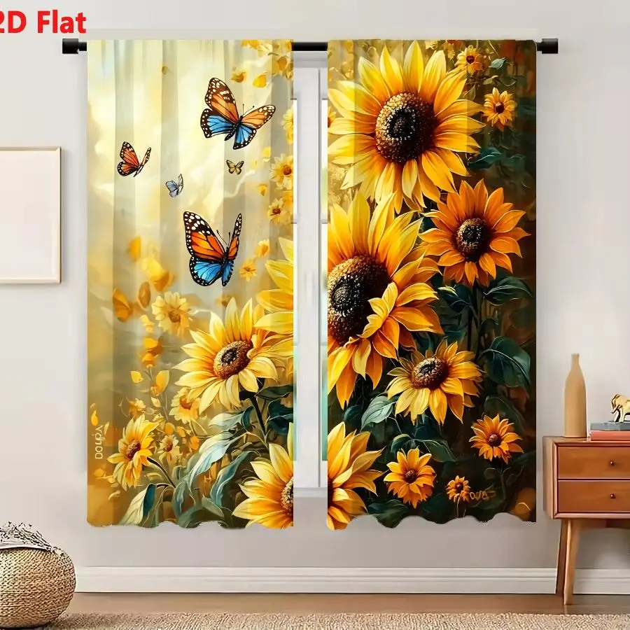 2Pcs Curtains 2D Flat Vibrant Sunflower Garden With Butterflies In Painterly Style Window Drapes for Bedroom Room Decor Decorati